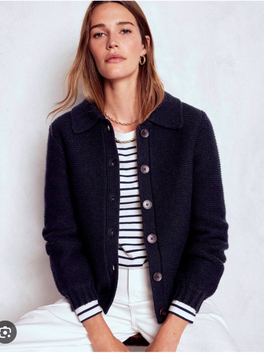Boden Navy Chunky Collared Button-Front Knit Cardifa